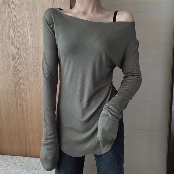Sexy top long sleeve t-shirt basic slit sheer army green black white - Picture 14 of 16